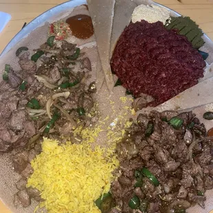 Golden tibs, shint tibs (I think), rice, kitfo special