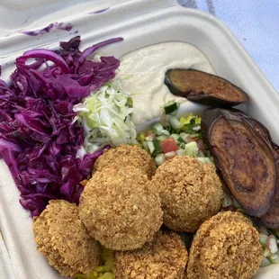 Falafel and Eggplant Plate (not pictured but included: pita bread)
