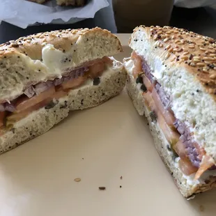 Slice lox on everything bagel. as advertised - 1 slice lox, for $6.75, fair enough. I believe these are Costco bagels. Average overall.