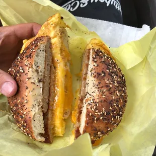 Sausage Egg and Cheese everything Bagel