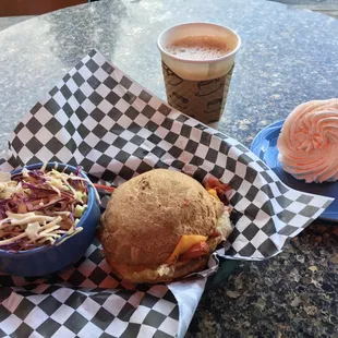 Red Pepper Reuben &amp; Coleslaw, Carrot Cupcake with Coconut Frosting, Chaga Latte