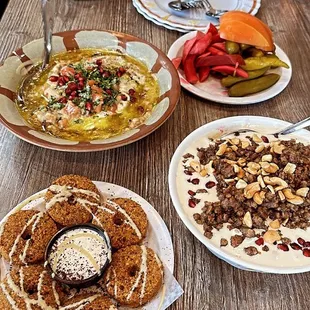 Syrian style breakfast food: Falafel plate (half doz) Foul with oil  Fateh with meat