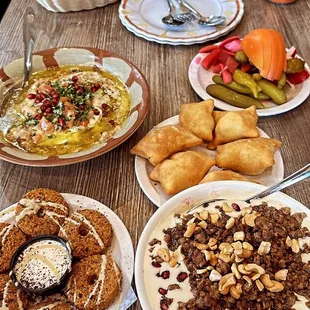 Syrian style breakfast food: Falafel plate (half doz) Foul with oil  Fateh with meat Cheese Bureg