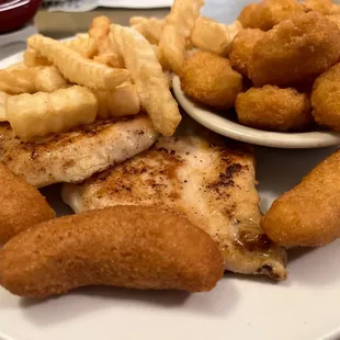 Grilled chicken, fries, corn bites