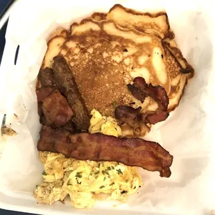 Cakes and eggs.  Served with two meats.