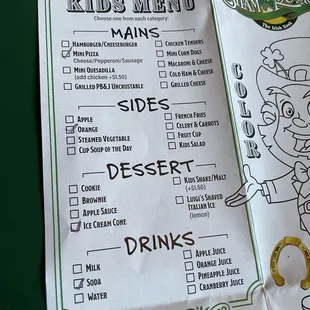 Kids menu