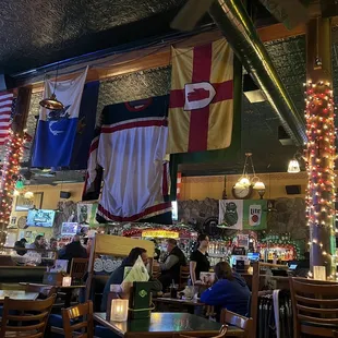 flags hanging from the ceiling