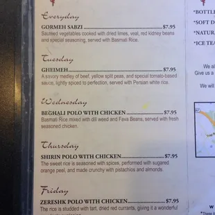 Daily specials come with free soda