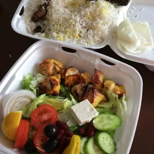 Kubideh platter top, chicken &amp; salad bottom.
