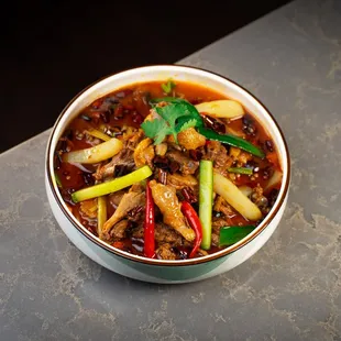 Dry age duck meets with spicy and beer and Black Konjac.