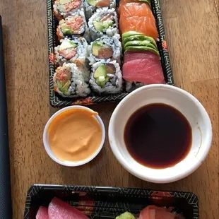 Rainbow Roll, Spicy Tuna, Alaska Roll, and Tuna Sashimi