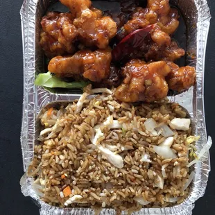 Generals chicken with an order of chicken fried rice!