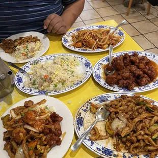 Pork fried rice, Shandong chicken, Hot Spicy Chow Mein with chicken, and Szechuan prawns
