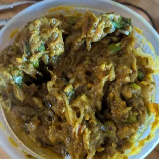 The eggplant dish was completely lifeless. It appeared that it might have had cream in it, which was not on the menu. Very anemic spice