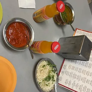 ows a table full of food and condiments