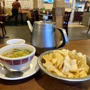 Wonton soup and hot tea.