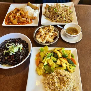 curry bean curd with fried rice, House Lo Mein, mandarin chicken with steamed rice and Egg Roll, Jjajangmyeon.