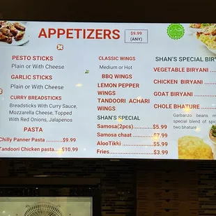 a menu for appetizers