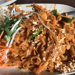 Sorry I couldn&apos;t keep my fork off my plate, picture is halfway through eating! Pad Thai with shrimp!