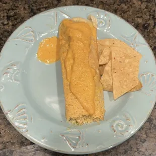 Chick'n Tamale with spicy hot sauce &amp; chips