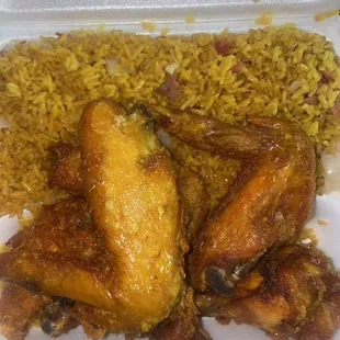 Fried chicken wings with Roast Pork Fried Rice for $9.85.