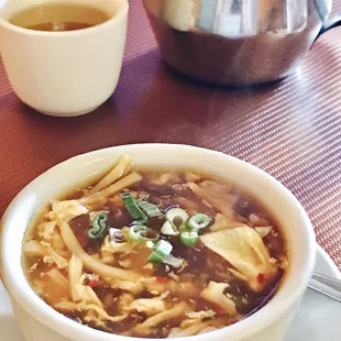 Hot &amp; Sour Soup with some Oolong tea in the background