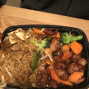 Bourbon chicken with chicken fried rice