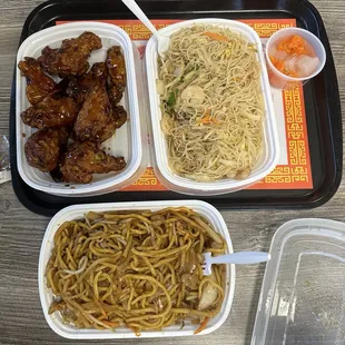 orange fried chicken, chicken rice noodles, and chicken lo mein