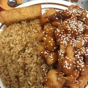 Yan's Special #2: Sesame Chicken with fried rice and an egg roll. Drink not pictured.