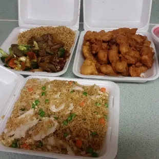 Chicken fried rice, sweet and sour chicken and beef and broccoli. Smells awesome.