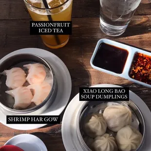 Passionfruit Iced Tea, Shrimp Dumplings &quot;Har Gow&quot; (4 pcs), Shanghai Pork Dumplings &quot;Xiao Long Bao&quot;