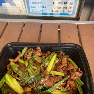 Mongolian beef to go dinner . Generous size