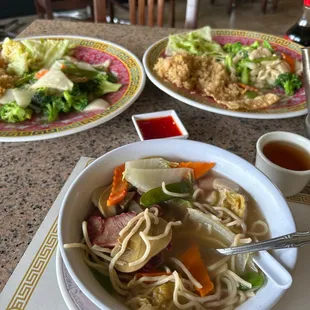 Won Ton Noodle soup, garlic chicken, subgum vegetables