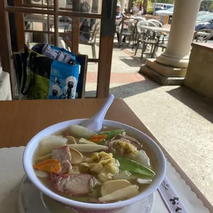 Won ton noodle soup with BBQ pork and mixed vegetables. Yummy