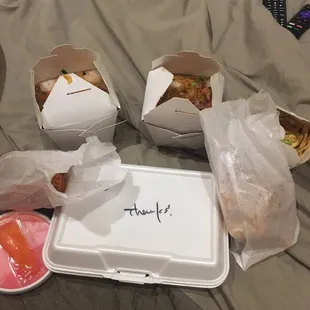 Cream cheese wontons, shrimp and pork fried rice, wings, chicken Lo mein and sweet sugar biscuits