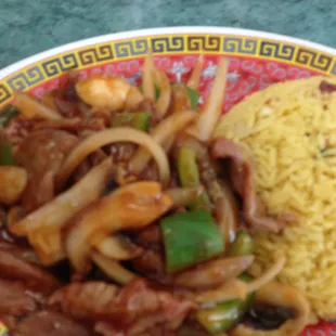 Pepper steak and onion (add mushroom) lunch special is $4.95 with soup.