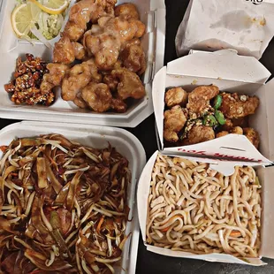 Cashew nut chicken, pork chow fun, chicken chow mein, salt and pepper shrimp, egg rolls