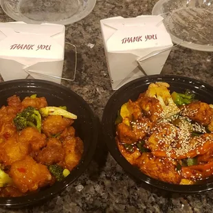 General Tsos chicken and Sesame tofu with added mixed vegetables. They each come with a side of rice