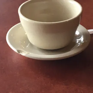 Finished my egg drop soup. It was delicious. There was a chip on the soup saucer.