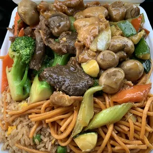 Top Left: broccoli beef. Top right: Mushroom Chicken bottom: fried rice and Chow Mein