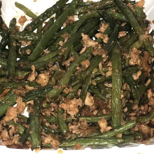 Dry sautéed string beans with minced chicken