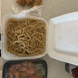 1 entree , 1 noodle, 3 Egg Rolls.