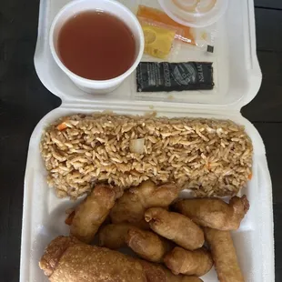 Perfect quick lunch sweet and sour chicken, fried rice, egg roll.