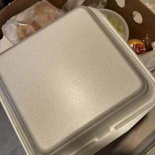 a box of food sitting on a counter