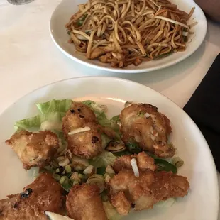 Lo mein and fried chicken