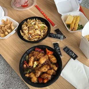 Crab Rangoon, Lo Mein Noodles, General Chicken, Shrimp Tempura