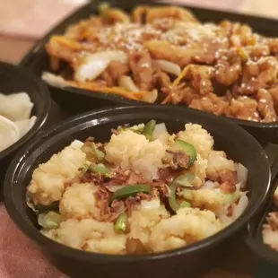 A Combination Fried Rice, a Crispy Shredded Chicken, and a Crispy Calamari.  The Steamed Chicken Dumplings were complimentary.