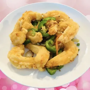 Salt and Pepper Shrimp. Tasty. Fried shallots, garlic, & jalapeños give the dish a nice touch. Plump shrimp.