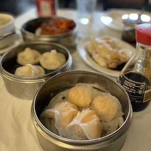 Har gow, soup dumplings, shrimp in rice noodles, chicken feet
