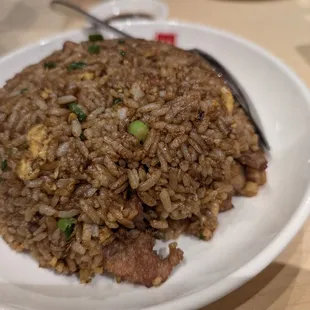 Beef fried rice (rice is too soft &amp; salty, beef has no flavor)